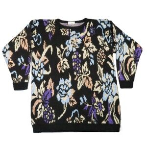 Vtg 80s 90s Sweater‎ Large Black Floral Abstract Metallic Dark Cottagecore Glam